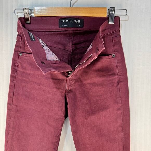 Veronica Beard Beverly Skinny Flare High-Rise Burgundy Red Denim Jeans Size 24 - Picture 4 of 10
